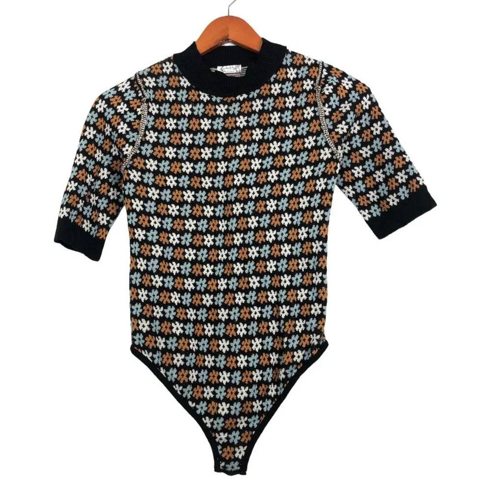 Free People Floral Knit Bodysuit in Black, Blue, Brown
